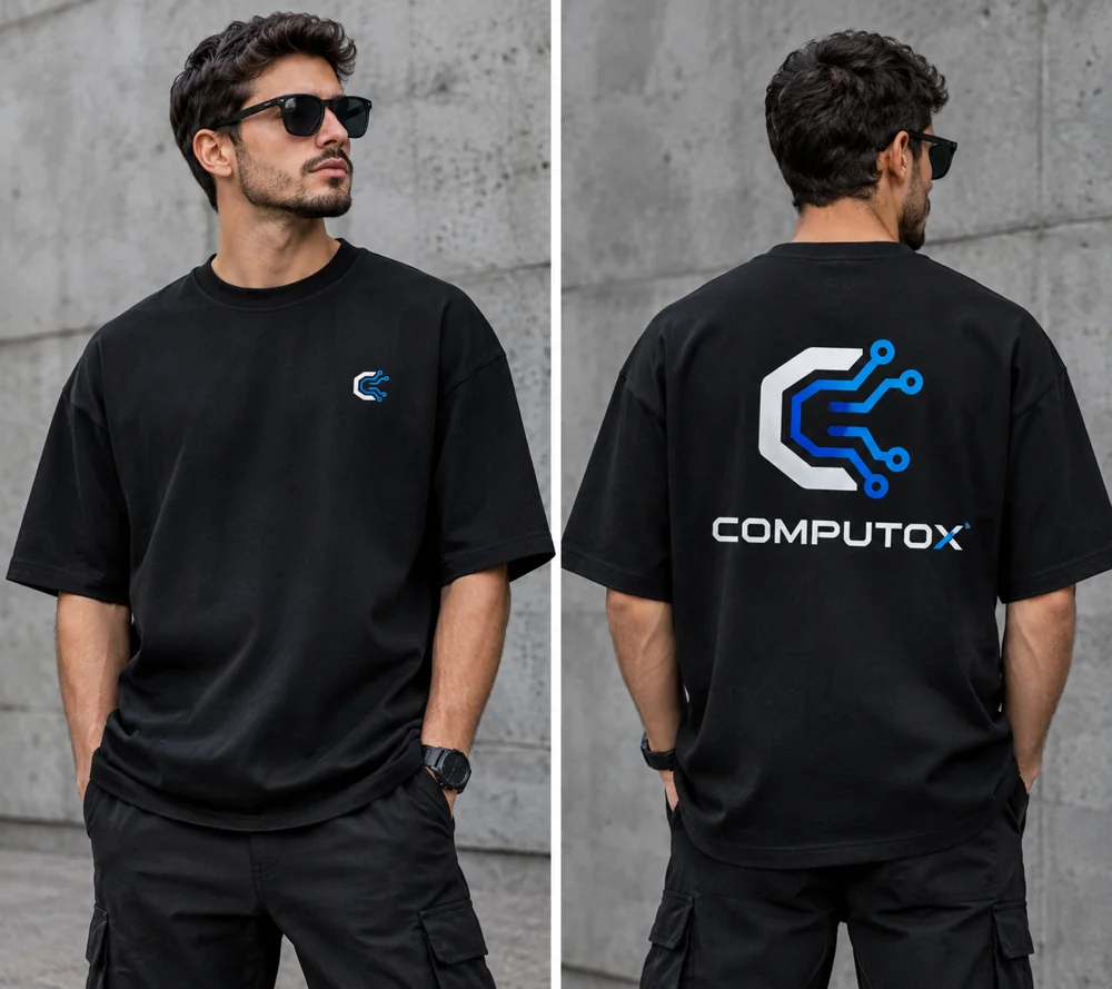 Camiseta oversize negra Computox, diseño frontal y posterior con logo Circuit